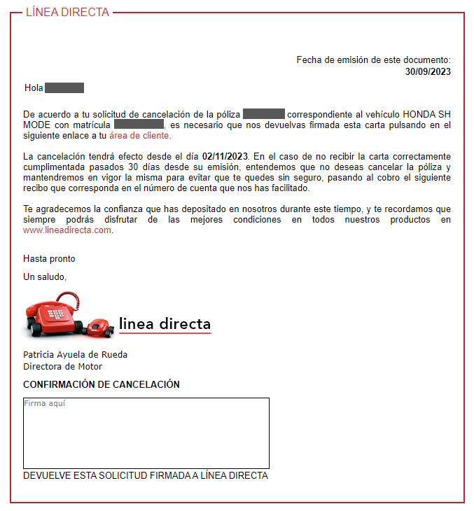 Ejemplo real de la carta de confirmación de cancelación que Línea Directa envía al cliente para firmar y devolver